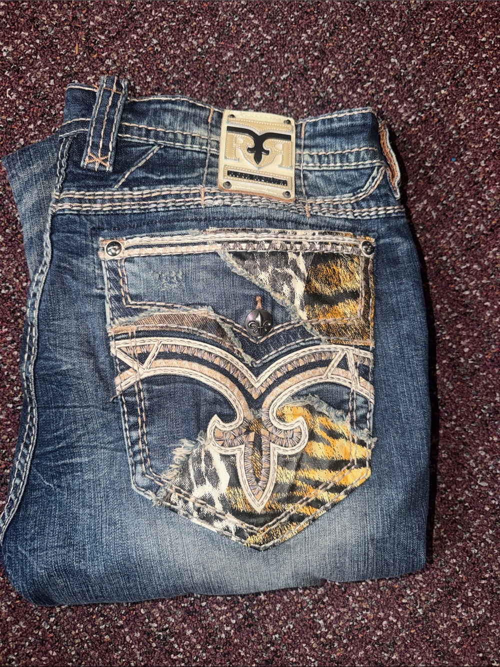 Rock Revival Blue Bootcut Jeans with Tiger-Print Pocket Accent